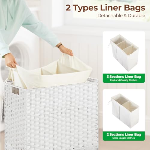 Greenstell Laundry Hamper with Lid, 125L Wicker Laundry Baskets with 2 Removable Liner Bags & 5 Mesh Laundry Bags, Handwoven Rattan Clothes Hamper with Handles for Clothes in Bathroom, Bedroom - color: Light White