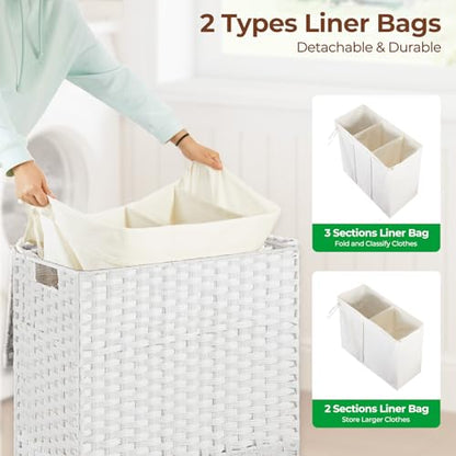 Greenstell Laundry Hamper with Lid, 125L Wicker Laundry Baskets with 2 Removable Liner Bags & 5 Mesh Laundry Bags, Handwoven Rattan Clothes Hamper with Handles for Clothes in Bathroom, Bedroom - color: Light White