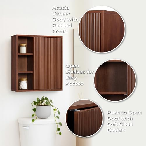 Teamson Home 22″ Wide Bathroom Wall Cabinet with Open Compartments & 1 Door with Fixed Interior Shelf, Wall Mounted Medicine Cabinet with Wooden Bracket for Mounting, Natural Fluted Finish in Walnut | Open Compartments, 1 Door with Fixed Interior Shelf, W