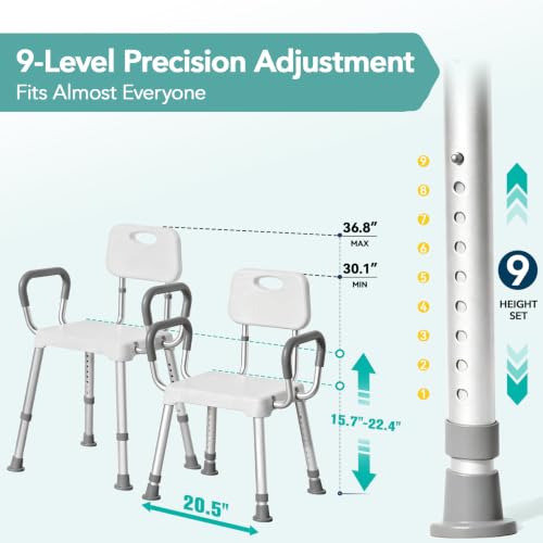 HOMENURSE Shower Chair for Inside Shower, 400 lbs, Wider Seat, Lightweight | 9-Level Height Adjustment, 2.55" Wider Suction Cups, Non-Slip, Tool-Free Conversion, for Seniors Disabled and Recovery - color: Gray