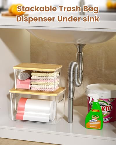 Trash Bag Dispenser 2-Pack, Stackable Trash Bag Holder with Bamboo Lid – Clear Plastic Garbage Bag Organizer for 13/30/33 Gal Bags, Space-Saving Under Sink Organizer for Kitchen, Laundry, Pantry - size: XL+XL