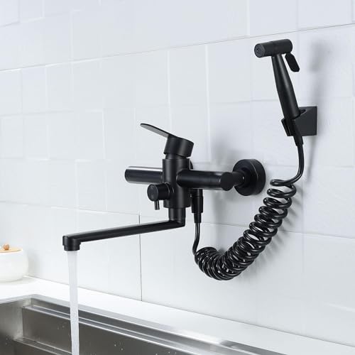Kitchen Sink Wall Mount Faucet, Matte Black Commercial Faucet with Side Sprayer, Stainless Steel Mixer Tap, Unility Sink Faucet, 7.5-8.5 Inches Center, Spout Reach 9.2" - color: A Style, Matte Black
