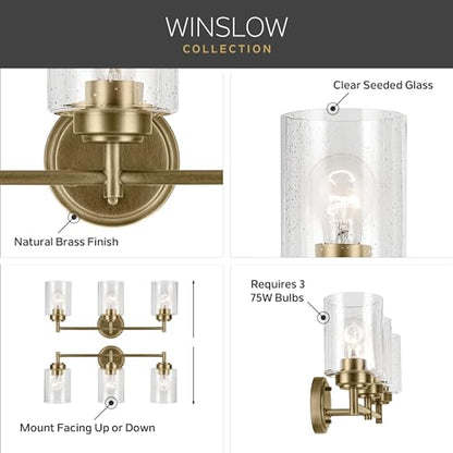 Kichler Winslow 3-Light Farmhouse Vanity Light, Natural Brass | Clear seeded glass vanity light with industrial styling (21.5" x 9.25"), 45886NBR - color: Natural Brass, size: 21.5"