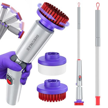 Synoshi PRO Electric Spin Scrubber Long Handle – Cordless Shower Scrubber | Bathroom Cleaning Brush, Electric Scrubber for Cleaning Shower, Tub & Floor, Adjustable Angles, 2 Speeds Power Scrubber