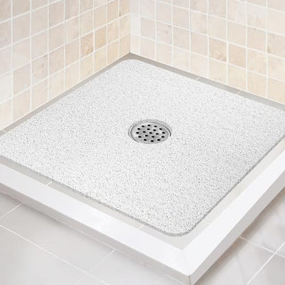 Shower Mat Non Slip,27 x 27 Inch Extra Large Bath Mat with Drain,Soft Square Loofah Shower Stall Mat Bathtub Mat for Bathroom,Without Suction Cups (White) - color: White