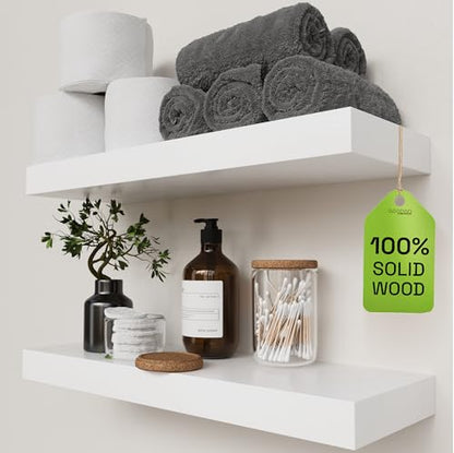 Solid Wood Floating Shelves for Wall 20 Inch White, Wooden Bathroom Shelf | Real Wood, Wall Mounted, Heavy-Duty, Bedroom Kitchen Living Room, Rustic, White Finish, 20W x 6.7D, Set of 2 - color: White, size: 20 Inch