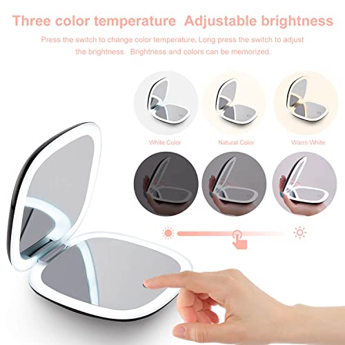 Mocado Compact LED Magnifying Travel Makeup-Mirror - 4 inches 1X/10X Magnification Small Hand Pocket Dimmable Double Sided USB Rechargeable Touch Screen, Portable Tabletop Cosmetic (Black) | Double Sides Lighted, 3 Colors Lighting, 0-100% Brightness, Diam