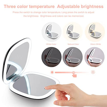 Mocado Compact LED Magnifying Travel Makeup-Mirror - 4 inches 1X/10X Magnification Small Hand Pocket Dimmable Double Sided USB Rechargeable Touch Screen, Portable Tabletop Cosmetic (Black) | Double Sides Lighted, 3 Colors Lighting, 0-100% Brightness, Diam