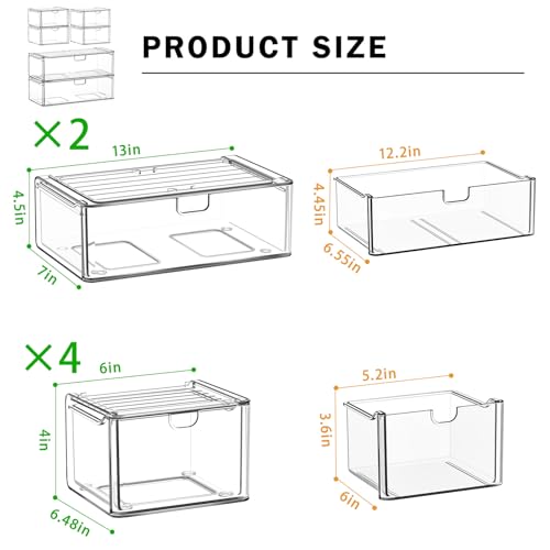 6-Pack Acrylic Stackable Storage Drawers for Vanity, Desk, Bath | 2 large & wide 13" drawers, Smooth-glide, stackable, clear body, dustproof, wipe clean, for makeup, pantry jars, under sink - style: 2 Large+4 Medium Drawers