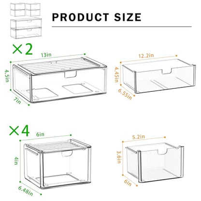 6-Pack Acrylic Stackable Storage Drawers for Vanity, Desk, Bath | 2 large & wide 13" drawers, Smooth-glide, stackable, clear body, dustproof, wipe clean, for makeup, pantry jars, under sink - style: 2 Large+4 Medium Drawers