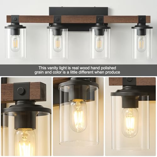 Bathroom Vanity Light Fixtures 4 lights Wooden Farmhouse Vanity Lights | Rustic Bathroom Lights over Mirror with Clear Glass Shade Black Industrial Wall Sconce for Bathroom Bedroom Hallway - color: Antique Wood 4Light