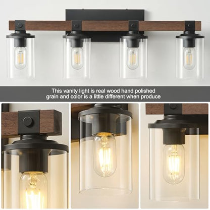 Bathroom Vanity Light Fixtures 4 lights Wooden Farmhouse Vanity Lights | Rustic Bathroom Lights over Mirror with Clear Glass Shade Black Industrial Wall Sconce for Bathroom Bedroom Hallway - color: Antique Wood 4Light