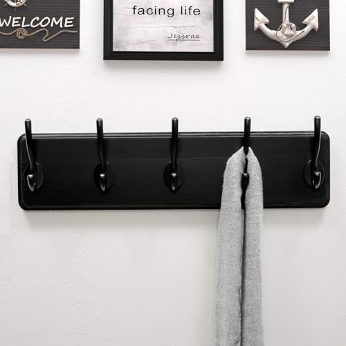 Coat Rack Wall Mount: Modern, Patented, Heavy-Duty, 17.4" Long 5-Double-Hooks Wooden Hanger Hook Rail for Winter Coats Hat Jacket Clothing, Black - color: Black, size: L=17.4" (1pcs)
