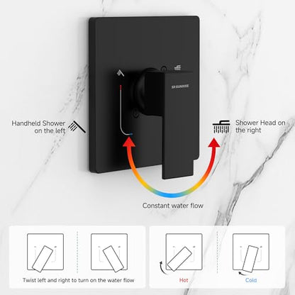SR SUN RISE Shower Faucet Set & System - 12 Inch Rainfall Shower Head & Handle Set Wall Mounted Matte Black Solid Brass Valve Trim Kit Included - color: Matte Black, size: 12 Inch