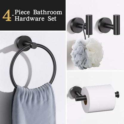 Lairuier Bathroom Hardware Set, 4-Piece Towel Bar Set Include Toilet Paper Holder,Towel Ring and 2 Towel Hooks Stainless Steel Wall Mounted Bathroom Hardware Accessories Set (Matte Black) - color: Matte Black, size: Set A