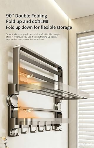 Wall-Mounted Towel Rack with Hooks, Foldable Bathroom Shelf, No Drilling Suction Cup Storage Organizer, Brushed Silver