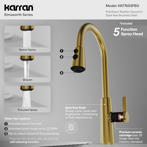 Karran Elmsworth Commercial Style Pull-Down Kitchen Faucet with Dual Interchangeable Spray Heads 5-Function Revolve MAX & 3-Function Revolve Mini Aerator High-Arc Spout (Spot Free Brushed Gold) - color: Spot Free Brushed Gold