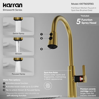 Karran Elmsworth Commercial Style Pull-Down Kitchen Faucet with Dual Interchangeable Spray Heads 5-Function Revolve MAX & 3-Function Revolve Mini Aerator High-Arc Spout (Spot Free Brushed Gold) - color: Spot Free Brushed Gold