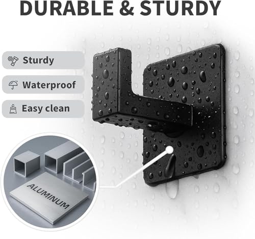 Towel Hooks Adhesive No Drill, 2 Pack Matte Black Metal Hooks, Right Angle Design for Bathroom, Kitchen, Cabinet, Door, Holds Robes, Hats, Coats, Organizer for Smooth Surfaces