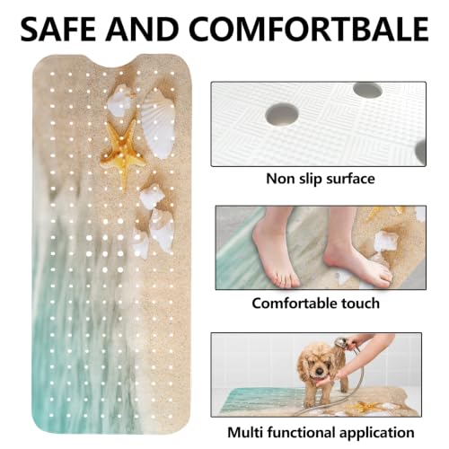 LNOND Summer Beach Bathtub Mat Non Slip, 40 X 16 Inch Tub Mat for Bathroom, Starfish Seashore Bath Tub Shower Mat with Drain Holes and Suction Cups - color: Beanch Starfish