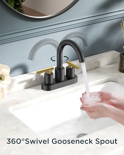 FORIOUS 4 in Black and Gold Bathroom Faucet Centerset, Restroom Sink Faucet | 4" Gold and Black Bathroom Sink Faucet Centerset, 2 Handle Swivel Faucet for Bathroom Sink with Pop up Drain and Supply Lines - color: Gold&Black, style: Classic