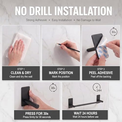 Adhesive Black Towel Bar 9-inch, Stick On Bath Towel Rack, Hand Towel Holders, No Drilling on Wall - Black - color: Black, size: 9-Inch