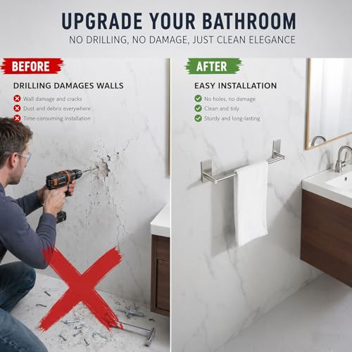 Songtec Bathroom Towel Bar 16-inch, No Drill Stick On Towel Rack, Easy Install with Self-Adhesive, Premium SUS304 Stainless Steel - Brushed Nickle - color: Brush Nickle, size: 16-Inch
