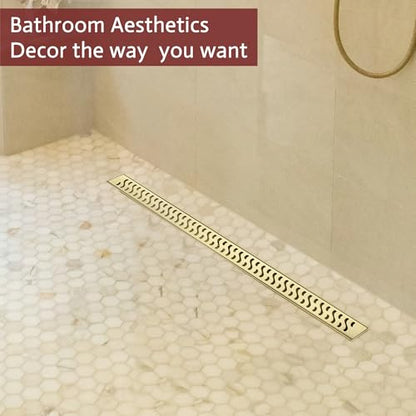 Linear Shower Drain, 32 inch Brushed Gold | Including Hair Catcher and Removable Grate, 304 Stainless Steel, Easy to Install and Clean (Drain Base Not Included) - color: Brushed Gold, size: 32 inch