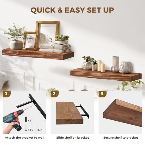 Solid Wood Floating Shelves, 24 Inch Wall Shelves, Set of 2, Brown | 8 Inch Deep, 1.6 Inch Thick, Extra-Wide Display Space, Mounting Hardware Included, For Kitchen, Bathroom and Living Room - color: Brown, size: 24x8x1.6