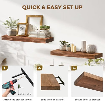 Solid Wood Floating Shelves, 24 Inch Wall Shelves, Set of 2, Brown | 8 Inch Deep, 1.6 Inch Thick, Extra-Wide Display Space, Mounting Hardware Included, For Kitchen, Bathroom and Living Room - color: Brown, size: 24x8x1.6