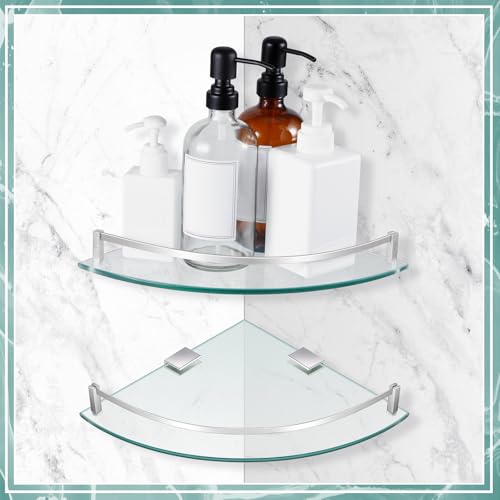 Gejoy Glass 2 Pack Corner Shower Shelf, Bathroom Corner Shelves Wall Mounted with Tempered Glass and Rustproof Brackets, Floating Shower Organizer for Shampoo, Soap and Bath Accessories, 9.25 Inch