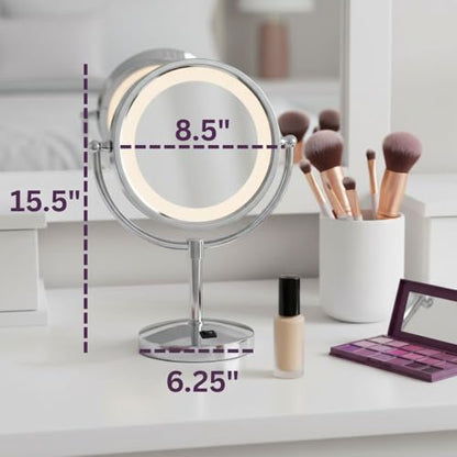 JERDON Lighted Makeup Mirror with 5X Magnification - Chrome - HL745CO | Two-Sided 1X View, 8.5" Diameter, 15.5" Tall, Halo Lighting - color: Chrome