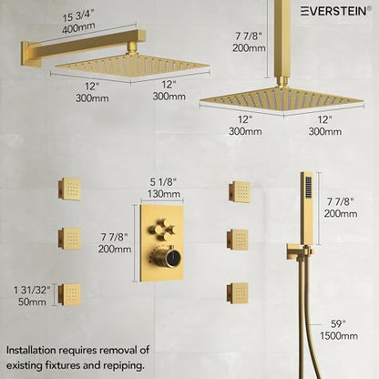 12" High-Pressure Rainfall Shower Faucet with Valve for Bathroom, Dual Rainfall Shower Head System with 6 Body Jets, Rough in-Valve (Brushed Gold) | High-Pressure, Dual 12" Rainfall Shower Head System, 6 Body Jets, Rough in-Valve - color: Brushed Gold