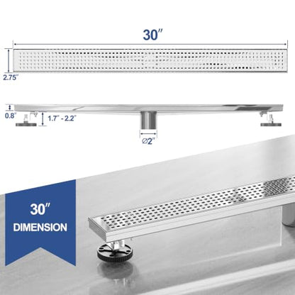 Neodrain 30" Linear Shower Drain, Polished 304 SS Bathroom Linear Drain | Polished Shower Drain with Quadrato Grate& Adjustable Feet, Long Rectangle Shower Floor Drain in Bathroom, Balcony etc, cUPC - color: Polished, size: 30 In