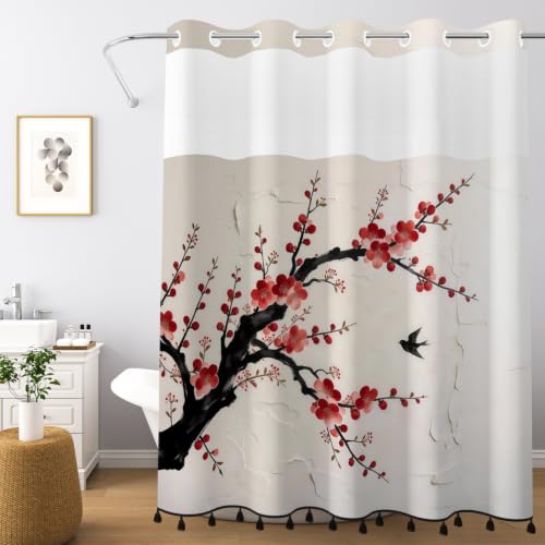 Plum Blossom Shower Curtain with Snap in Liner & Tassels, 71Wx77L | No Hook Needed, Double Layer Waterproof Fabric with Mesh Top, Flowering Tree Design for Minimalist & Zen Inspired Bathroom - color: Red Plum Blossom