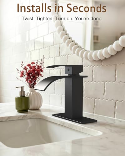 Waterfall Single Handle Bathroom Sink Faucet with Drain Black | Matte Black Vanity Faucet with Pop-up Drain, Ceramic Valve, for 1 or 3 Hole Modern Bathrooms. - color: Matte Black x 2