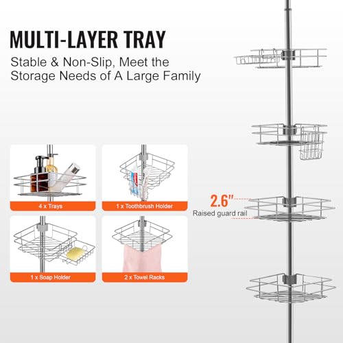 VEVOR Shower Corner Caddy Tension Pole, 42" to 114" High, Multi-Functional Shower Tension Pole with Strong Load-Bearing Tray, Rust-Proof Easy-to-Install, Fit for Bathroom & Washroom, Silver