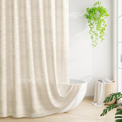 Extra Long Boho Farmhouse Shower Curtain with Tassel, Linen Bohemian French Country Chic Bathroom Shower Curtain Set, Modern Striped Textured Shower Curtain 72x84 - Beige/Cream - color: Beige, size: 72"W x 84"L (Pack of 1)