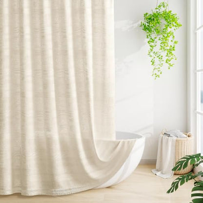 Boho Farmhouse Shower Curtain Set with Tassel, Linen Bohemian French Country Chic Bathroom Shower Curtain Set, Modern Striped Textured Shower Curtain 72x72 - Beige/Cream - color: Beige, size: 72"W x 72"L (Pack of 1)