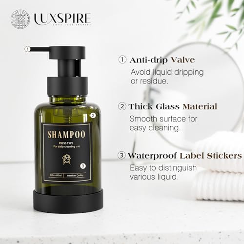 Luxspire Foaming Soap Dispenser 15oz Hand Soap Bottle, Olive Green, 2 Pack | Anti-drip pump, wide mouth easy refill, non-slip silicone base, 7 waterproof labels, bathroom and kitchen sink use - color: Olive Green