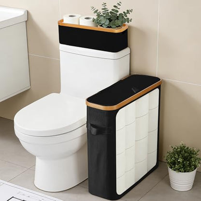 Livole Toilet Paper Storage Basket with Lid & Toilet Tank Basket | Free Standing, Large Capacity for 20 Regular Rolls or 15 Mega Rolls, Dual Handles, Clear Side Window, Bathroom, Black - color: Black