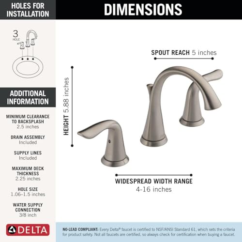 Delta Lahara Brushed Nickel Bathroom Faucet 3 Hole, 8 Inch Widespread Bathroom Sink Faucet for Vanity, Metal Push-Pop Drain Assembly, Stainless 3538-SSMPU-DST - color: Stainless