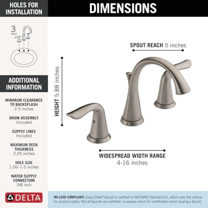 Delta Lahara Brushed Nickel Bathroom Faucet 3 Hole, 8 Inch Widespread Bathroom Sink Faucet for Vanity, Metal Push-Pop Drain Assembly, Stainless 3538-SSMPU-DST - color: Stainless