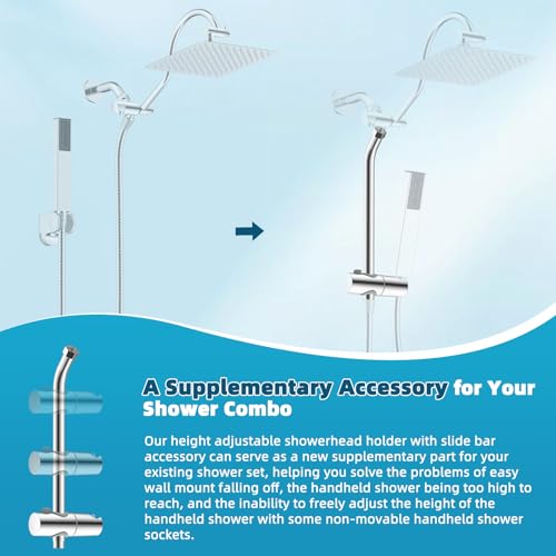 Hibbent Shower Slide Bar with Handheld Shower Head Holder, Stainless Steel Shower Arm Extension Sliding Bar, Height & Angle Adjustment Showerhead Holder, Chrome - color: Chrome