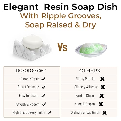 DOXOLOGY White Marble Soap Dish Bathroom Organizer - Resin Soap Dish with Rectangular Design 3.7" L x 2.8" W - Self Draining Soap Dishes Keeps Countertop Neat - Marble Look Soap Tray for Sink