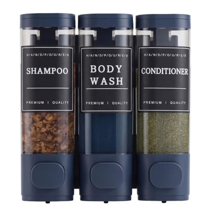 Shampoo and Conditioner Dispenser,Shower Soap Dispenser 3 Chamber No Drill Wall-Mounted for Bathroom & Hotel Leak-Proof Pumps, for Thick Liquids Like Conditioner - 1050ML High Capacity, Dark Blue - color: Dark Blue