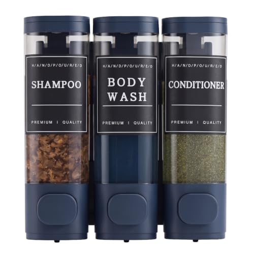 Shampoo and Conditioner Dispenser,Shower Soap Dispenser 3 Chamber No Drill Wall-Mounted for Bathroom & Hotel Leak-Proof Pumps, for Thick Liquids Like Conditioner - 1050ML High Capacity, Dark Blue - color: Dark Blue