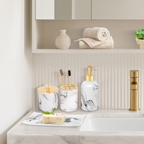 Haturi Bathroom Accessories Set, 4 Pcs Marble Look Sets Soap Dispenser & Toothbrush Holder Counter Top Restroom Apartment Decor Stuff, Glass Kits, Gift for Women and Men, Ink White | Kit w/ Bathroom Soap Dispenser Set, Toothbrush Holder, Qtip Holder, Soap