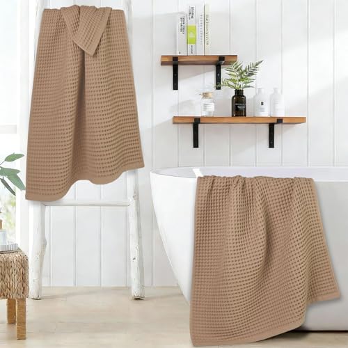 Jacquotha Waffle Bath Towels 2-Piece (Tan) - Cotton, Soft, Lightweight | 31” x 62” Large Bath Towel for Bathroom, Shower, Spa, Beach - color: Tan