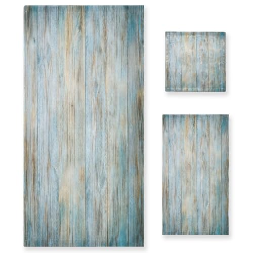 ALAZA Towel Bathroom Sets, Teal Green Brown Wood Towels 3-Piece 1 Bath Towel 1 Washcloth 1 Hand Towel, Bath Towel Set of 3 Soft Multifuntion for Home Kitchen - color: Multi09